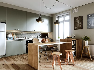 Modern Restaurant Kitchen Interior With Green Cabinets Wooden Island Counter And Hanging Pendant Lights 3d model