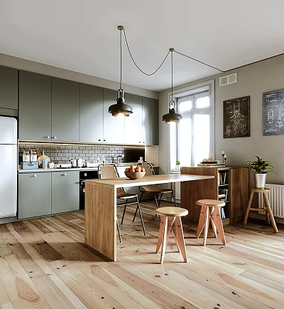 Modern Restaurant Kitchen Interior With Green Cabinets Wooden Island Counter And Hanging Pendant Lights 3d model