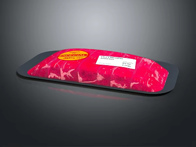 Packaged Fresh Raw Red Meat In Black Tray With Red Yellow Label Text 3d model