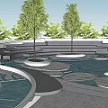 Modern Park Landscape With Green Trees Water Features And Circular Walkways