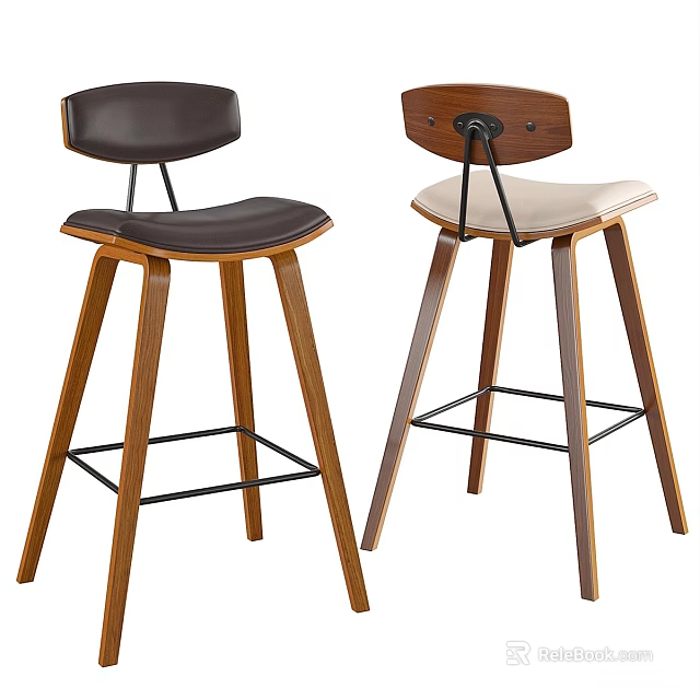 Two Modern Bar Stools With Wooden Legs Different Seat Cushions And Metal Support Frames 3d model 