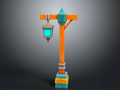 Vintage Wooden Street Lamp Structure With Green Accents Blue Lantern And Yellow Base 3d model
