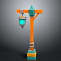 Vintage Wooden Street Lamp Structure With Green Accents Blue Lantern And Yellow Base