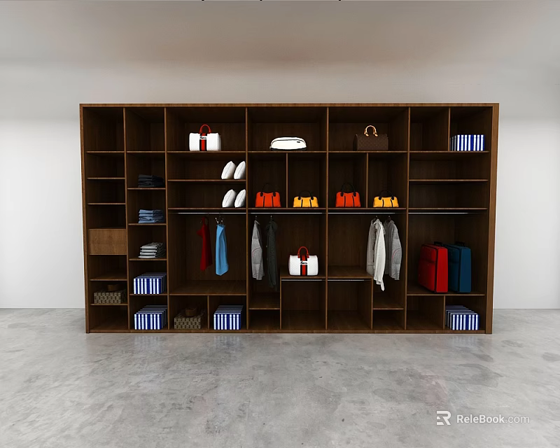 Wooden Open Wardrobe Design With Multiple Compartments And Storage For Clothes Bags Shoes 3d model 