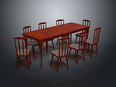 Mahogany Long Table And Eight Mahogany Chairs With Light Colored Cushions Dining Room Interior 3d model