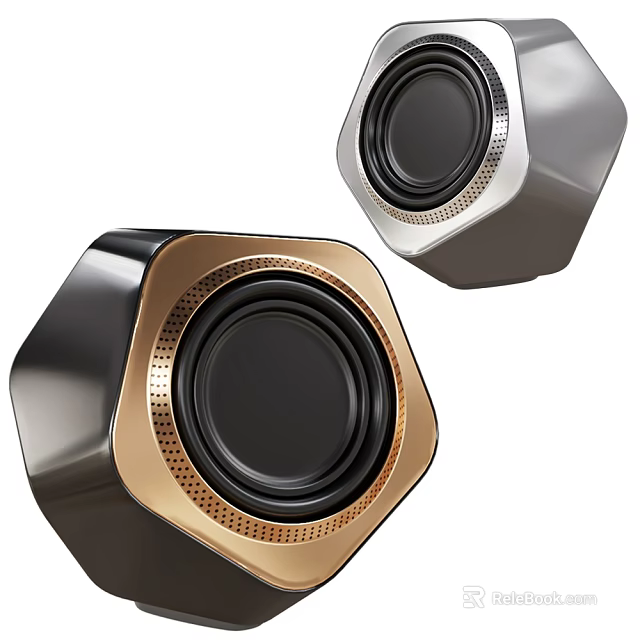 Modern Hexagonal Headphone Speakers With Metallic Gold Silver Finish And Black Mesh Detail 3d model 