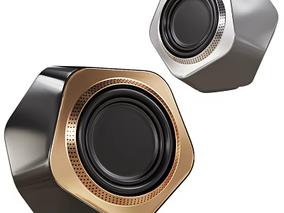 Modern Hexagonal Headphone Speakers With Metallic Gold Silver Finish And Black Mesh Detail 3d model