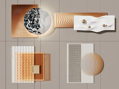Modern Geometric Wall Decor With Circular Marble Square Grid And Wavy Patterns 3d model