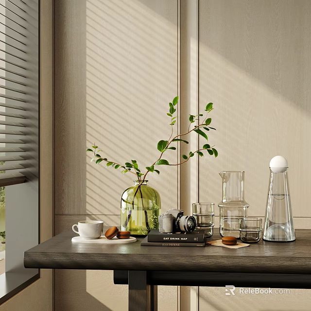 Natural Decorative Ornament Set With Green Vase Leaf Branch Glassware On Wooden Tabletop Blinds Light 3d model 