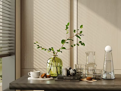 Natural Decorative Ornament Set With Green Vase Leaf Branch Glassware On Wooden Tabletop Blinds Light 3d model