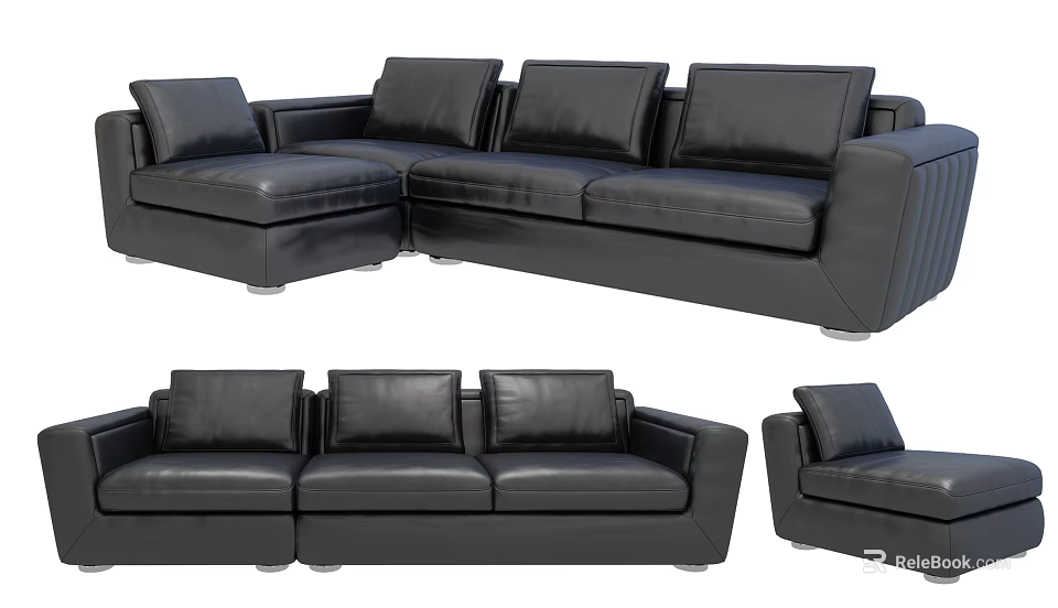 Black Leather Modular Sofa Set With Corner Three Seater And Single Seater 3d model