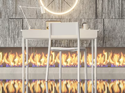Modern Study Room Interior With White Desk Chair Circular Lamp Reflective Floor Gray Stone Wall Flame Decor 3d model