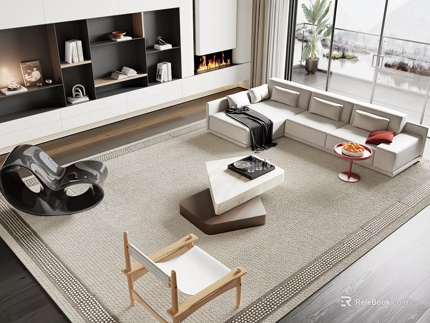 Modern Sofa and Coffee Table Set in Modern Living Room with Area Rug Accent Chair and Floor to Ceiling Windows 3d model 