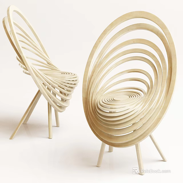 Modern Light Colored Wooden Chair With Curved Slats And Spiral Design 3d model 