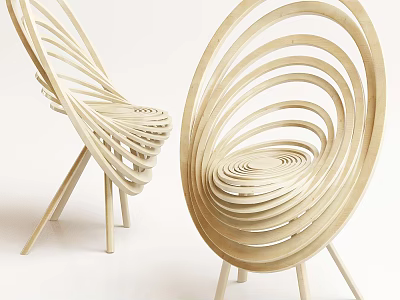 Modern Light Colored Wooden Chair With Curved Slats And Spiral Design 3d model