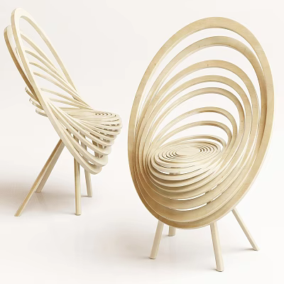 Modern Light Colored Wooden Chair With Curved Slats And Spiral Design 3d model