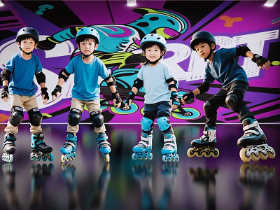 Group Of Kids Roller Skating In Indoor Rink Wearing Helmets And Knee Pads 3d model