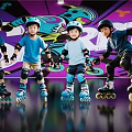 Group Of Kids Roller Skating In Indoor Rink Wearing Helmets And Knee Pads