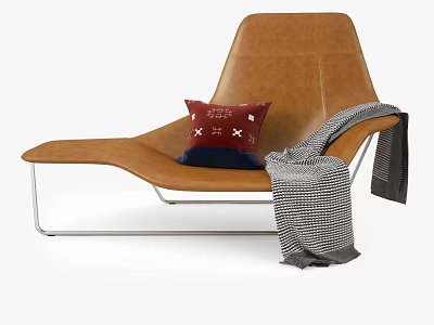 Brown Leather Leisure Chair with Red Cushion and Gray Plaid Blanket on Metal Legs 3d model
