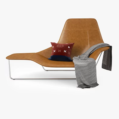Brown Leather Leisure Chair with Red Cushion and Gray Plaid Blanket on Metal Legs 3d model