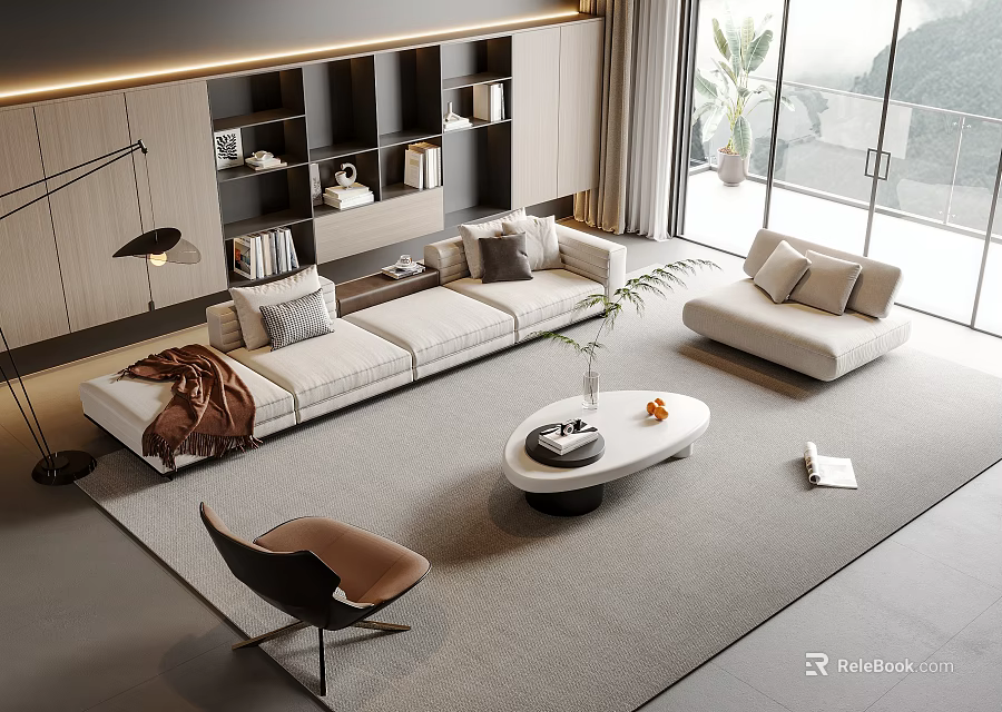 Modern Living Room Sofa Coffee Table Set With Armchair Shelving Unit And Scenic Window View 3d model 