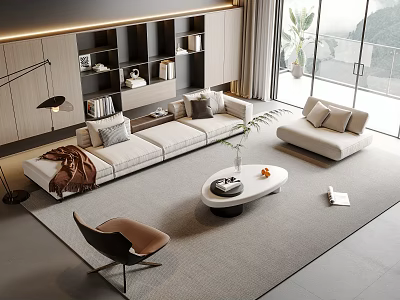 Modern Living Room Sofa Coffee Table Set With Armchair Shelving Unit And Scenic Window View 3d model
