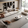Modern Living Room Sofa Coffee Table Set With Armchair Shelving Unit And Scenic Window View