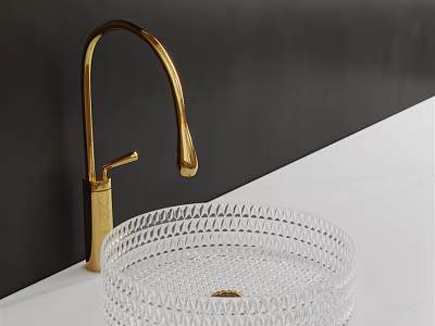 Stylish Transparent Glass Washbasin with Ribbed Design and Golden Faucet on White Countertop Dark Wall 3d model