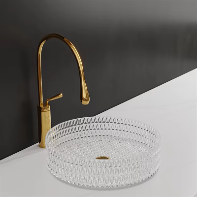 Stylish Transparent Glass Washbasin with Ribbed Design and Golden Faucet on White Countertop Dark Wall 3d model