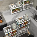 White Multi Tiered Kitchen Shelves Featuring Dinnerware Set Fresh Fruits Vegetables And Condiment Bottles