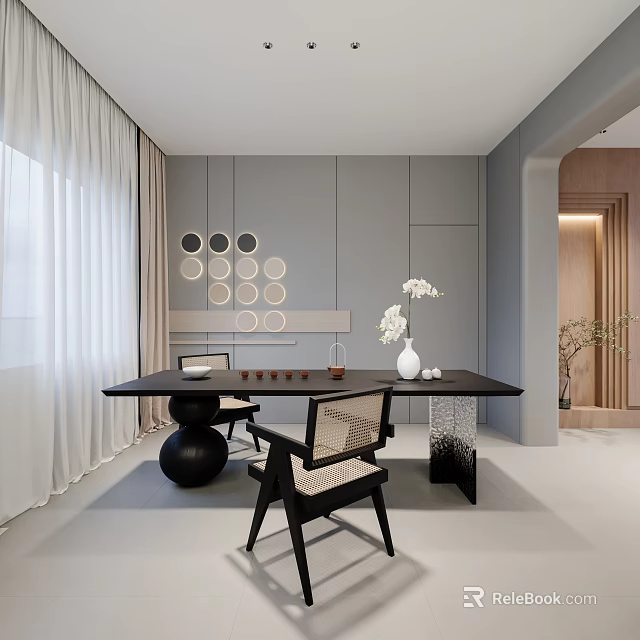 Modern Tea Room Interior With Black Tea Table Woven Chairs Gray Walls And White Vase 3d model 