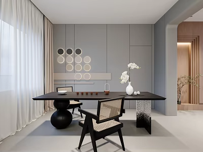 Modern Tea Room Interior With Black Tea Table Woven Chairs Gray Walls And White Vase 3d model