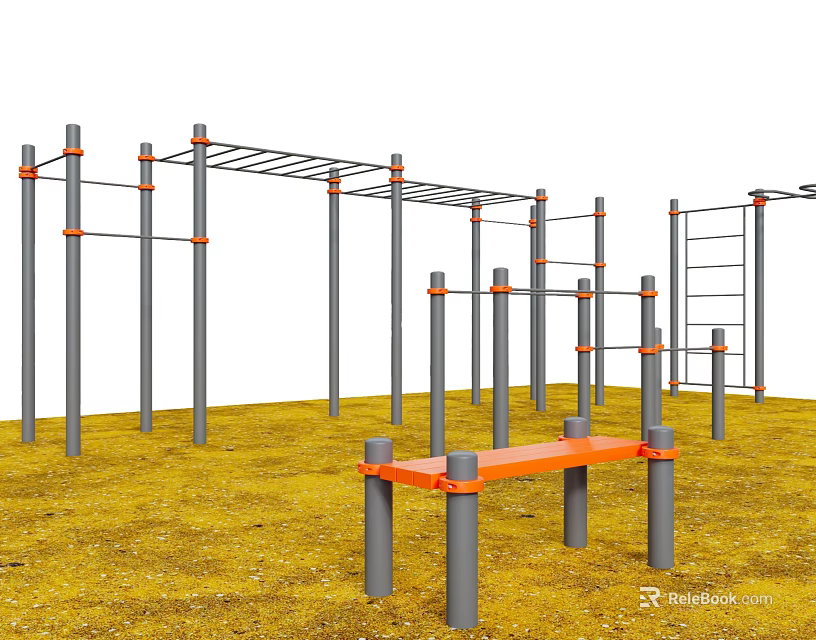 Public Outdoor Fitness Facilities With Metal Climbing Frames Horizontal Bars And Orange Bench 3d model 