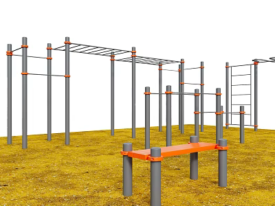 Public Outdoor Fitness Facilities With Metal Climbing Frames Horizontal Bars And Orange Bench 3d model