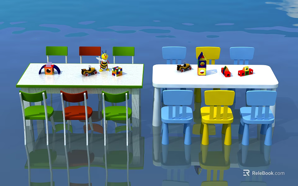 Colorful Kids Table With Multicolored Chairs And Playful Toys For Children 3d model 