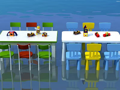 Colorful Kids Table With Multicolored Chairs And Playful Toys For Children 3d model