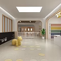 Bright Kindergarten Reception Area With Welcome Sign Colorful Bookshelves Wooden Decor And Green Plant