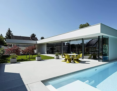Modern Detached Villa With Large Glass Facade Swimming Pool And Outdoor Yellow Dining Set 3d model