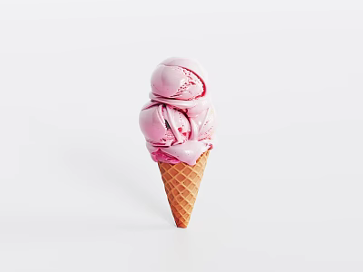Creamy Pink Swirl Ice Cream Cone With Two Scoops On White Background 3d model