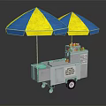Playful Dog Standing By Hot Dog Cart With Blue Yellow Umbrellas