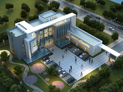 Modern Office Building Exterior With Glass Facade Surrounding Greenery And Pedestrian Parking Area 3d model