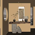 Traditional Chinese Entryway With Wooden Table Bamboo Scroll Painting Lamp Round Doorway And Soft Light