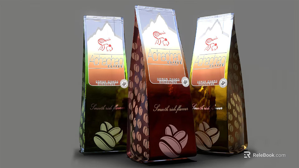 Elegant Home Decor Ornament Set With Three Colorful Coffee Bags And Bean Patterns 3d model 