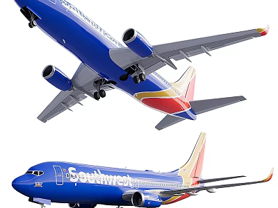 Southwest Airlines Blue Passenger Plane With Red And Yellow Tail In Flight View 3d model