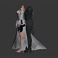 Elegant Woman in White Gown with Long Gloves and Black Armored Outfit