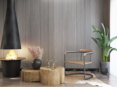 Modern Accent Chair with Metal Frame Wooden Seat Near Fireplace Green Plant and Wooden Wall 3d model
