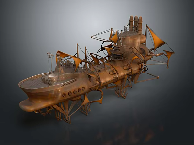 Futuristic Cosmic Spaceship With Copper Exterior And Mechanical Sail Designs 3d model