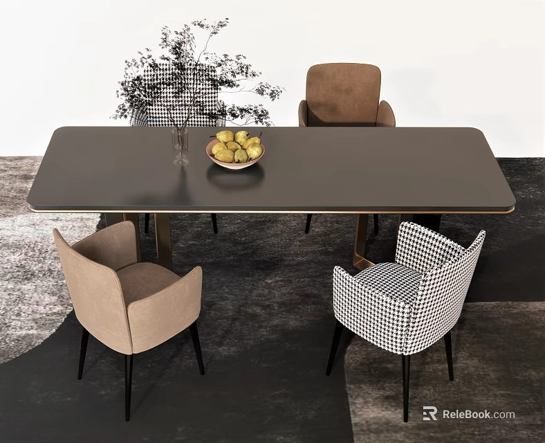 Dark Rectangular Dining Table Set With Fruit Bowl Vase And Checkered Light Brown Chairs 3d model