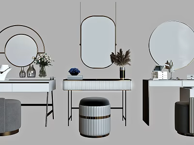 Elegant Modern Dressing Table Interior With Round Mirror Stool And Decorative Vase 3d model