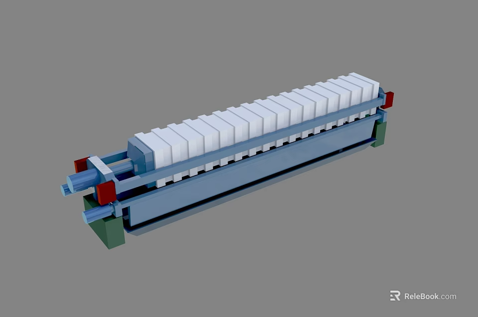 Industrial Filter Press Equipment With Multiple White Plates Blue Frame And Red Green Ends 3d model 